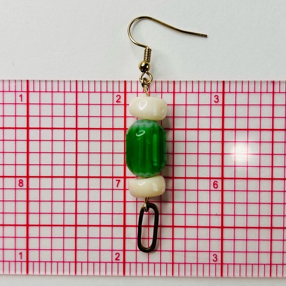 🌵HAND CRAFTED EARRINGS White Coral Gemstone Green Glass Raw Brass Dangle Drop - Picture 7 of 10